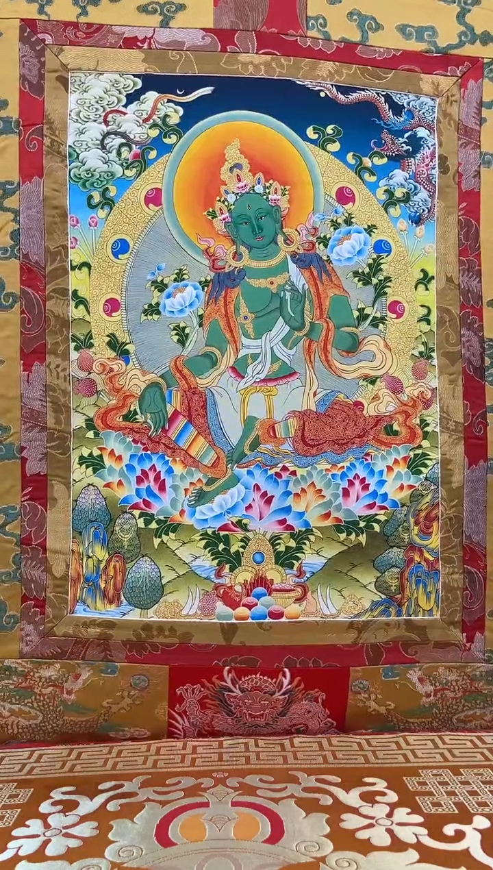 卷轴画矿物质喷绘 绿度母1.3m金色龙布