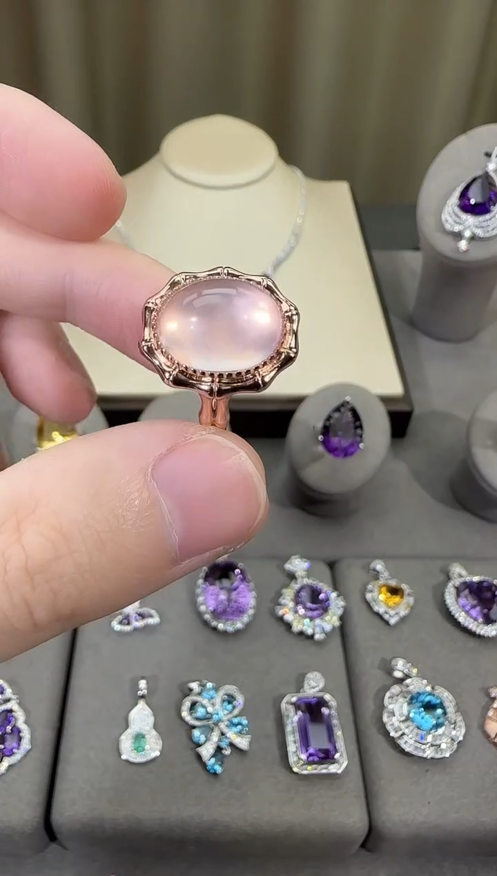 银S925镶嵌戒指芙蓉石11*13mm星光粉水晶