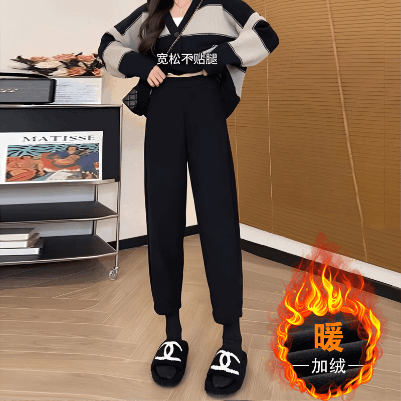 小个子休闲哈伦裤女2025秋冬季加绒大码高腰显瘦宽松九分萝卜裤子