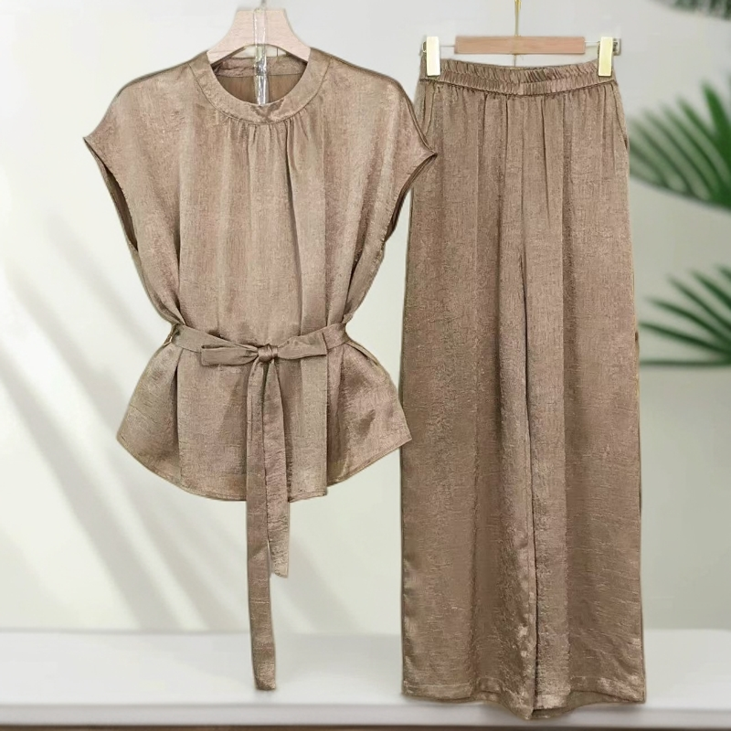 【三件套】2025夏季新款休闲百搭减龄上衣+阔腿裤+腰带套装M590