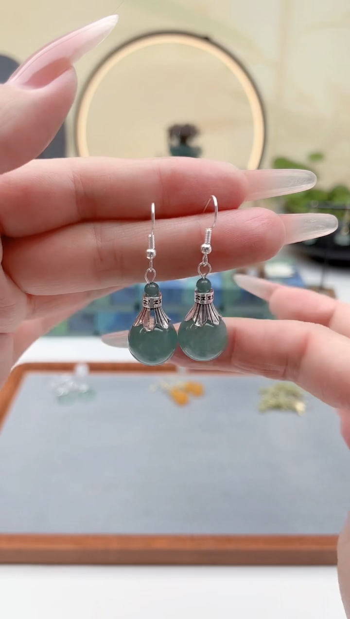 未镶嵌石英质玉（天山翠）耳饰00蓝水单株14