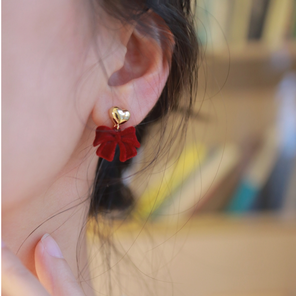 铜合金耳饰 H198红色耳饰丝绒蝴蝶结耳钉氛围感气质耳夹无耳洞