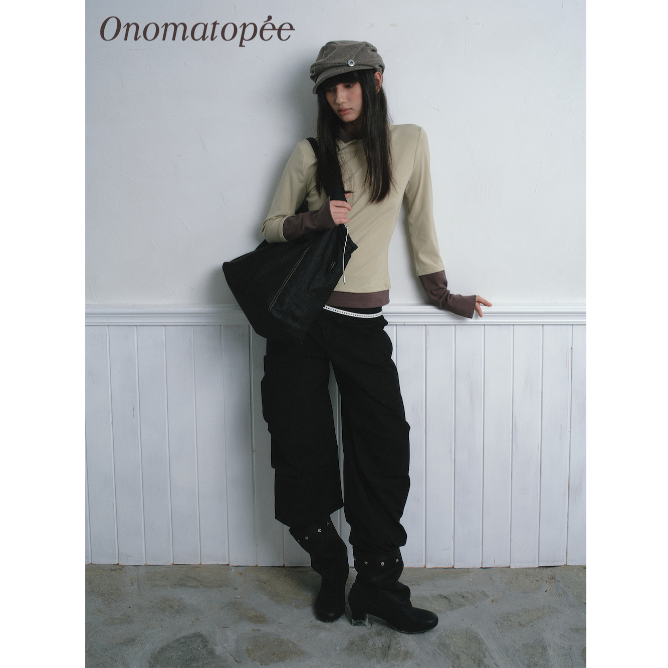 OTPé 天丝混纺半截拼接撞色双立领针织长袖打底假两件内搭