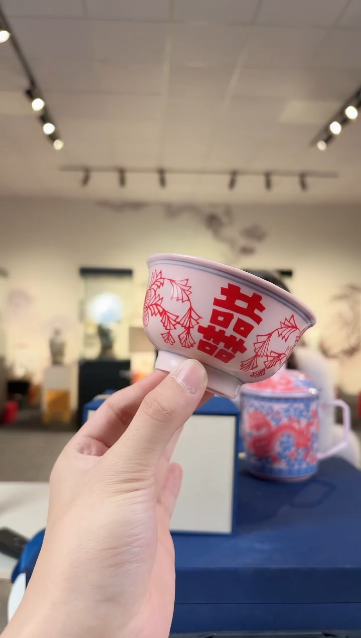 杯子陶瓷红稀3.5英寸红双喜茶碗+礼盒