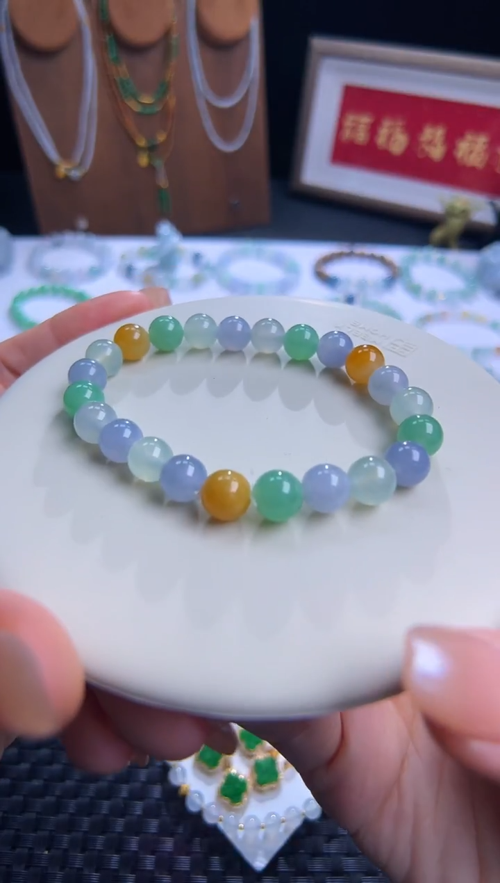 未镶嵌手串翡翠浓色系多宝正冰！卡8圆珠素圈！简约大气！