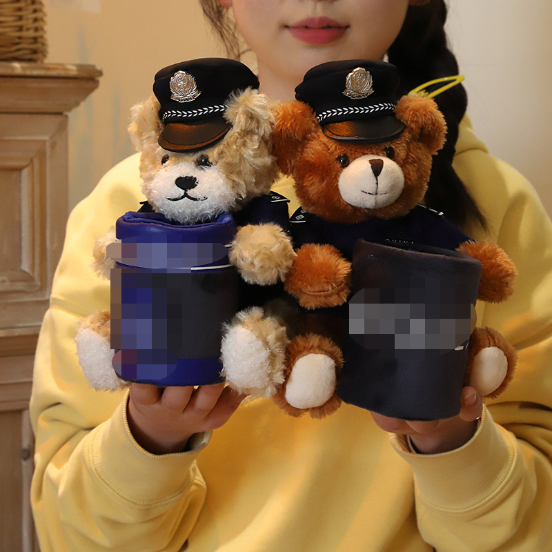 警察小熊笔筒公安公仔玩偶办公用品置物笔架收纳盒摆件