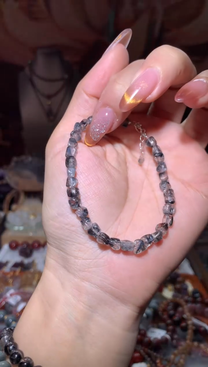 未镶嵌珠宝半成品水晶黑银钛随形手链