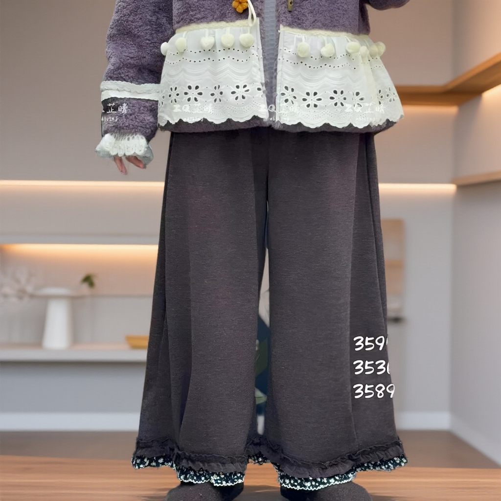 慵懒风木耳边拼接碎花加绒裤  3589#