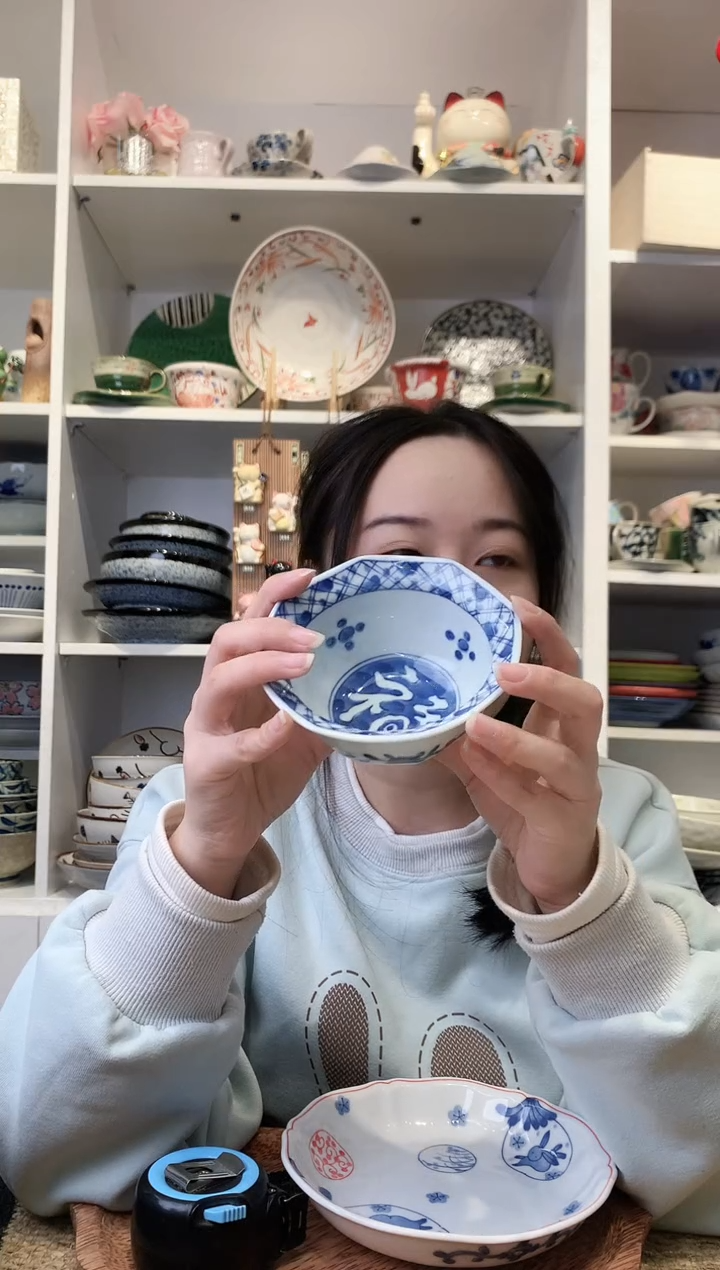 陶瓷蓝凛堂福字八角小钵11.5cm