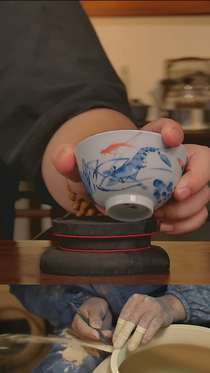 青花虾蟹杯子手工
