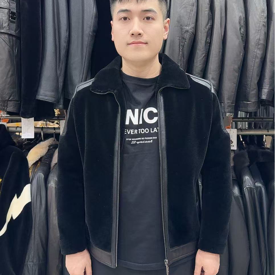 羊毛配绵羊皮冬款机车立翻领夹克皮衣