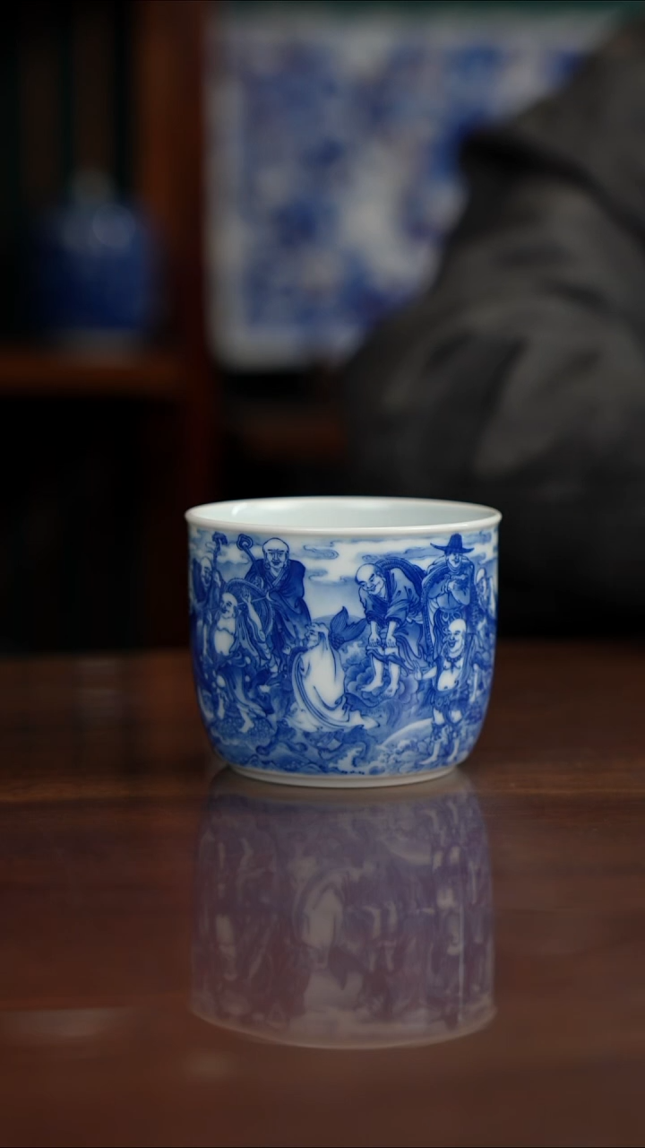 晓竹窑青花十八罗汉主人杯