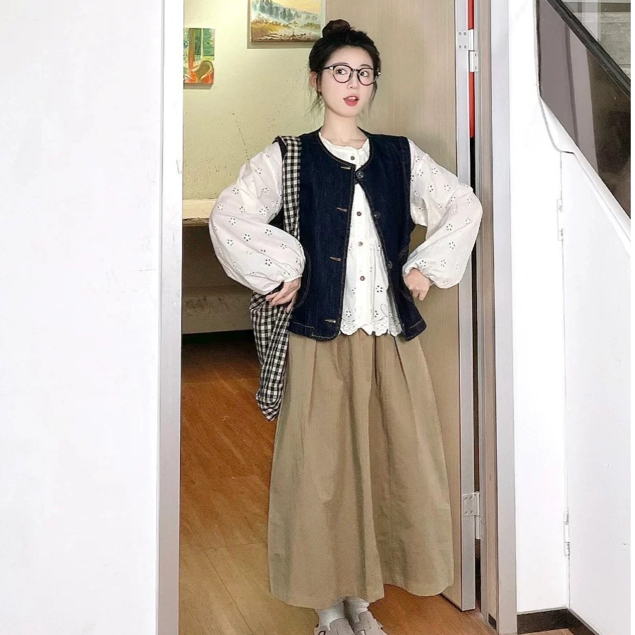 学院风文艺日系叠穿圆领牛仔背心马甲春秋宽松休闲百搭马夹外套