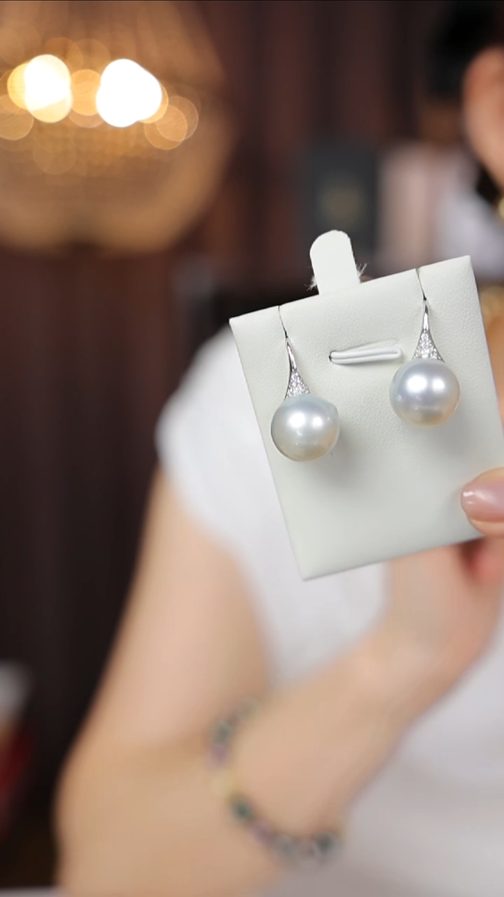 银S925镶嵌海水珍珠耳饰澳白蓝血13-14mm