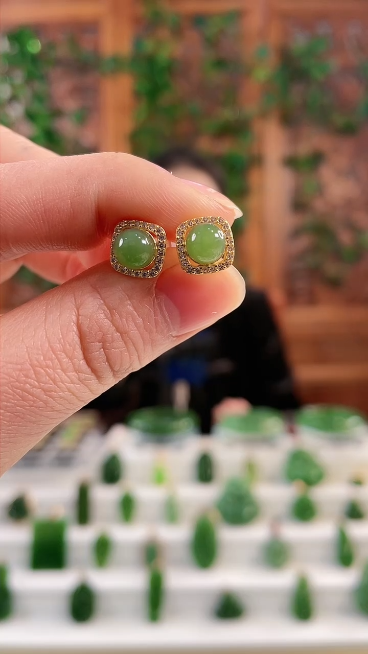 【闪购商品】和田玉耳钉银S925镶嵌方形耳钉