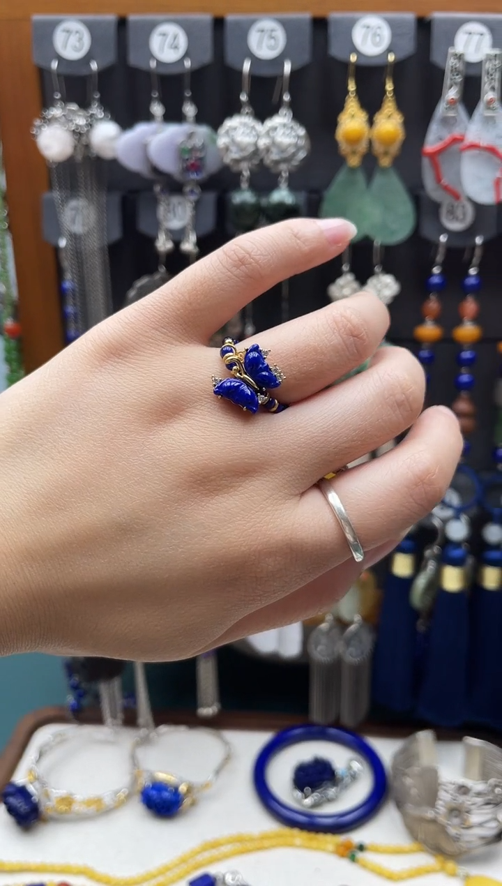 青金石银S925镀金镶嵌戒圈饰品