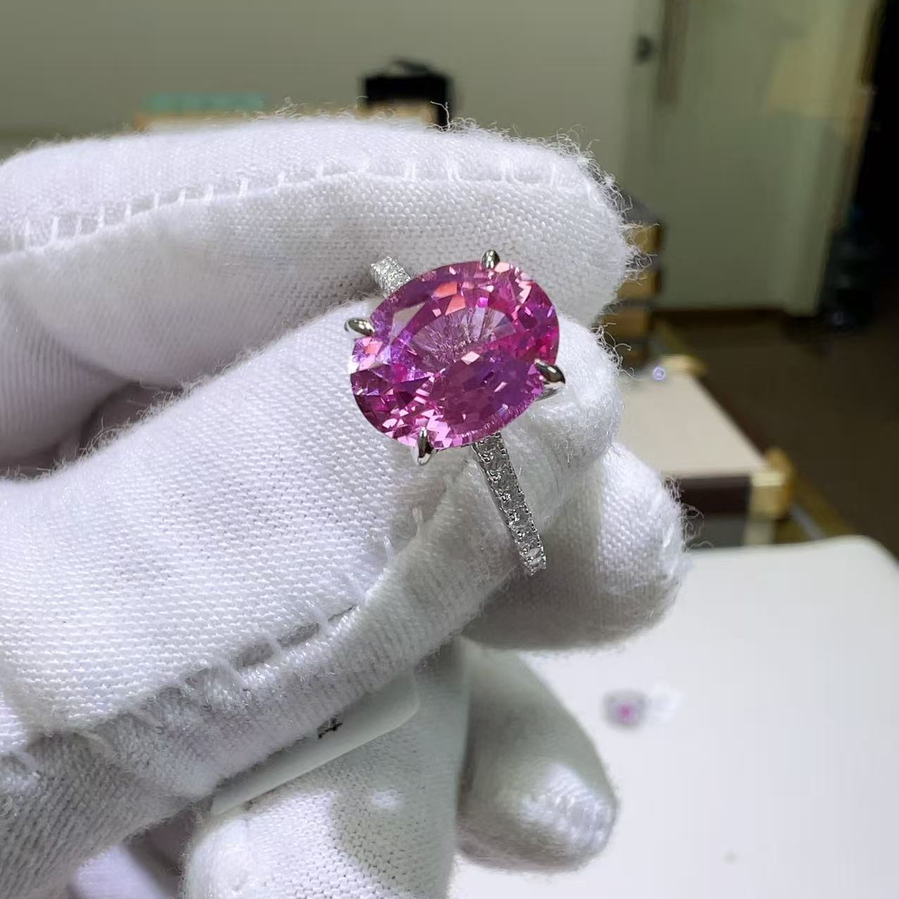 培育蓝宝石S925银镶嵌培育粉色蓝宝石3ctR3-0082