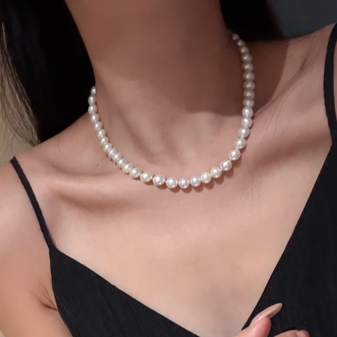 9-10mm S925银 极光淡水珍珠项链带五星大证DF154