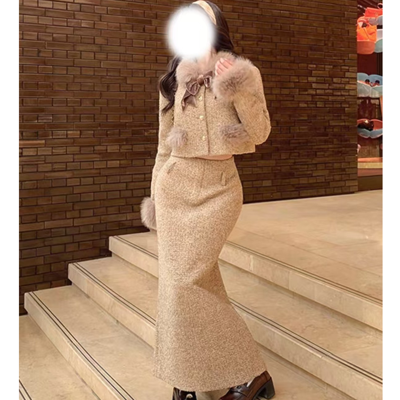 胖鹅张~“掉毛~正常”小香风千金感毛毛拼接外套+半裙套装#3151