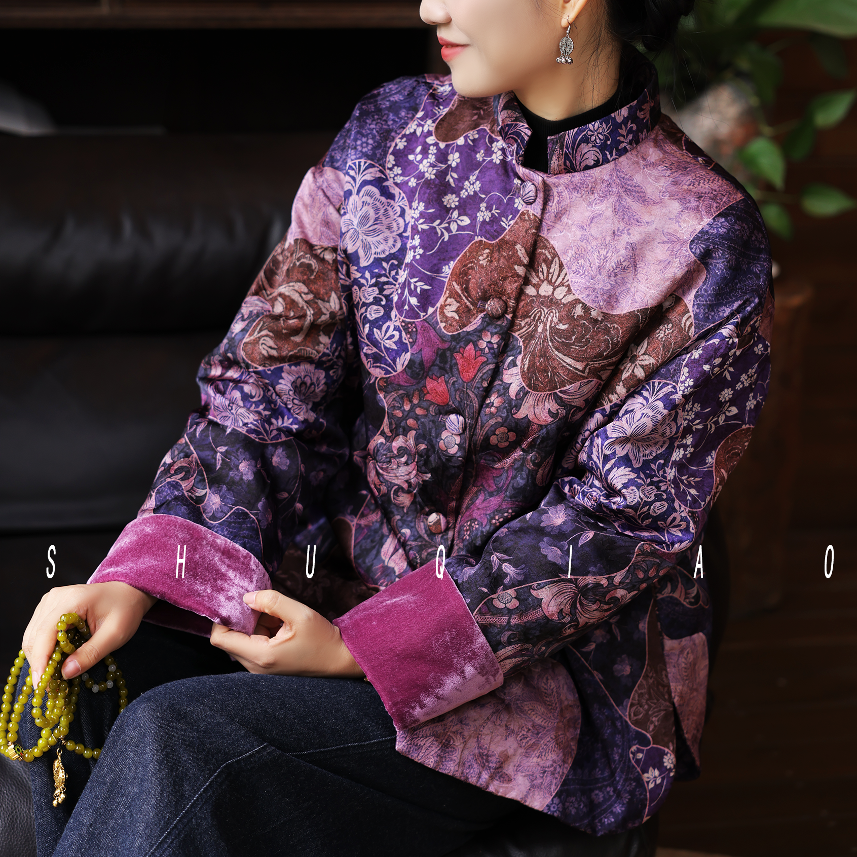 蜀俏【疏影】人丝花纹棉服新中式短外套女紫色宽松贵气上衣中国风
