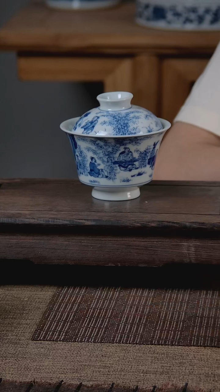 折葵非器手工手绘竹林七贤撇口两才盖碗