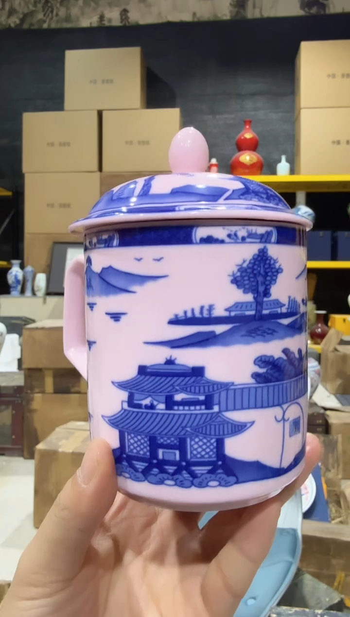 杯子陶瓷红稀青花梧桐办公杯+礼盒