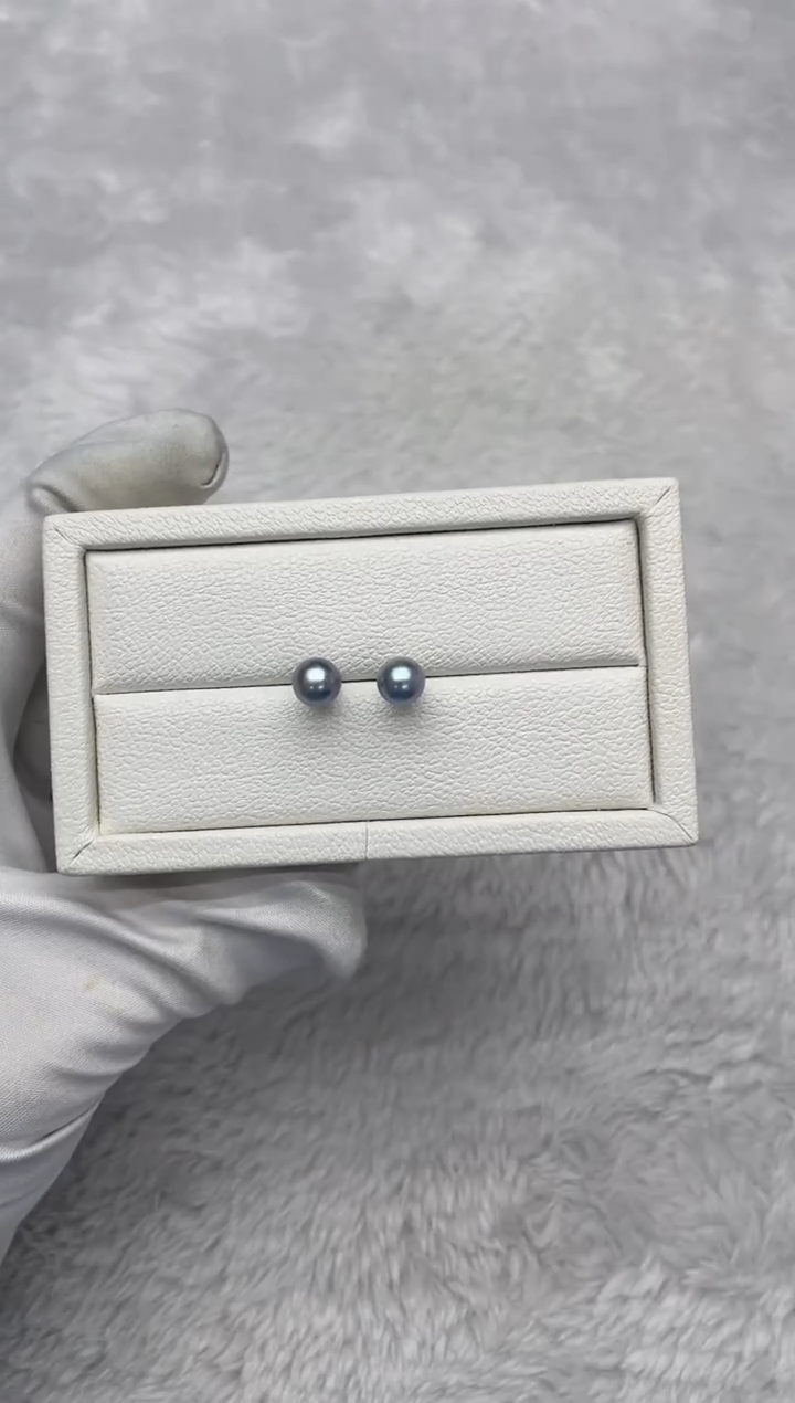 银S925镶嵌耳钉海水珍珠AK真多麻素钉7-7.5mm