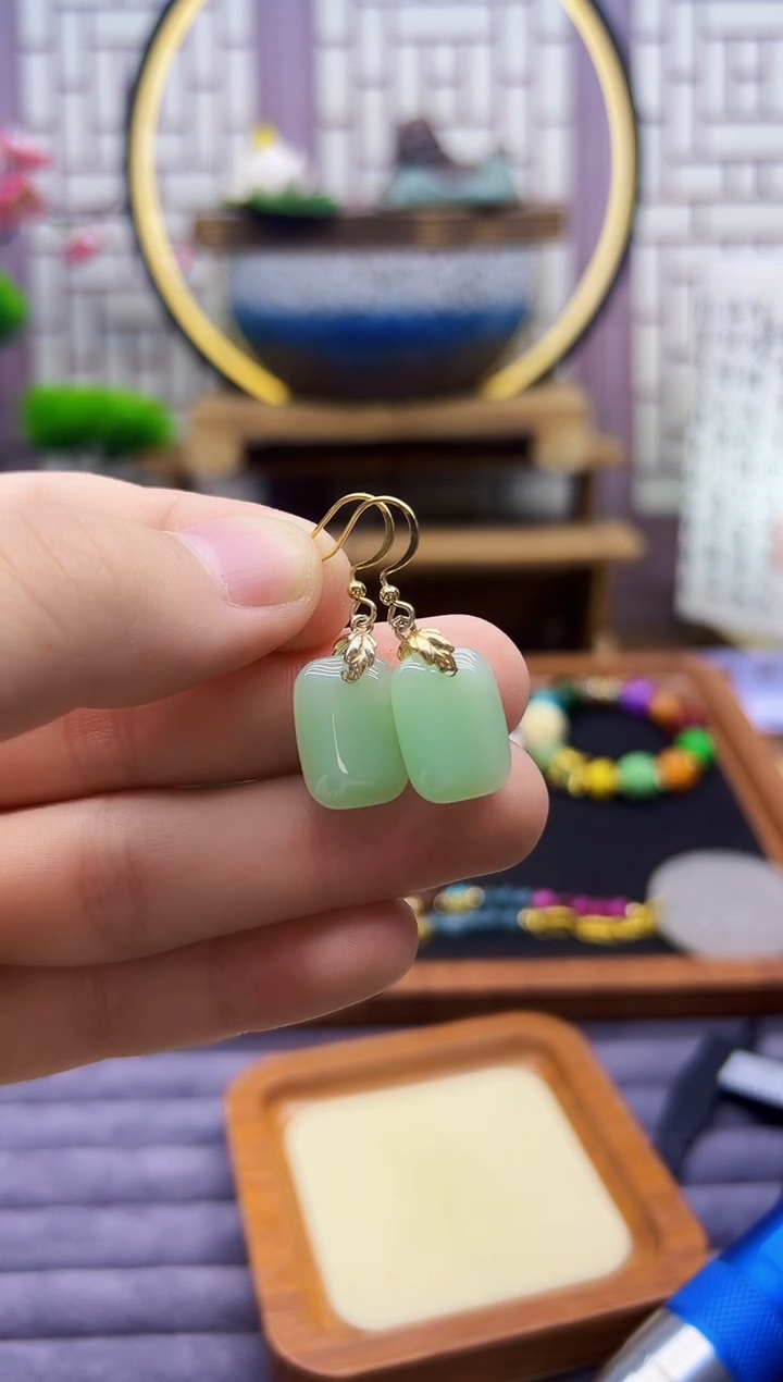 和田玉14K金镶嵌耳饰E227