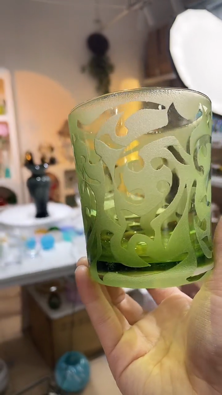 【闪购商品】水晶玻璃2只绿剪纸工艺磨砂光面水杯