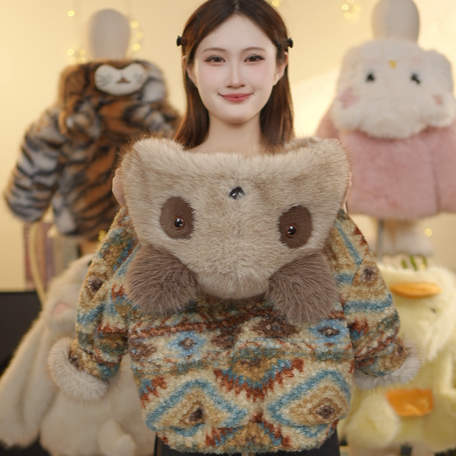 YS亲子冬款儿童洋气加厚气质双面穿彩虹熊草草毛绒卡通保暖外套