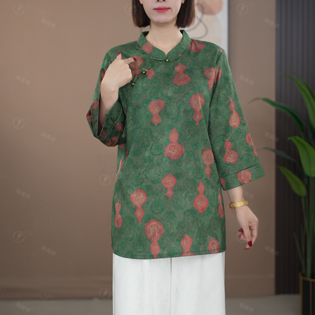 【青葫】满分老料薯云砂新中式中长袖奥黛新款上衣7951