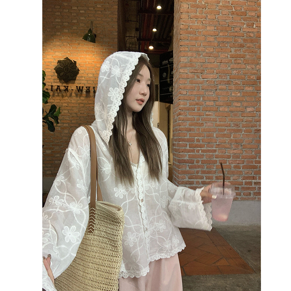 韩系清冷风白色刺绣钩花连帽衬衫女宽松百搭薄款防晒外套开衫上衣