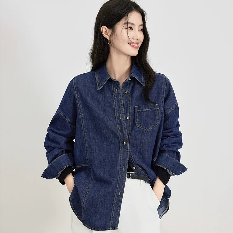 2025秋冬新款复古丹宁色牛仔衬衫女慵懒宽松休闲外套长款气质上衣