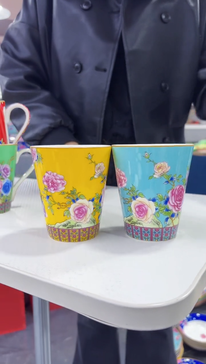 珐琅 牡丹花卉杯子2只装景德镇陶瓷