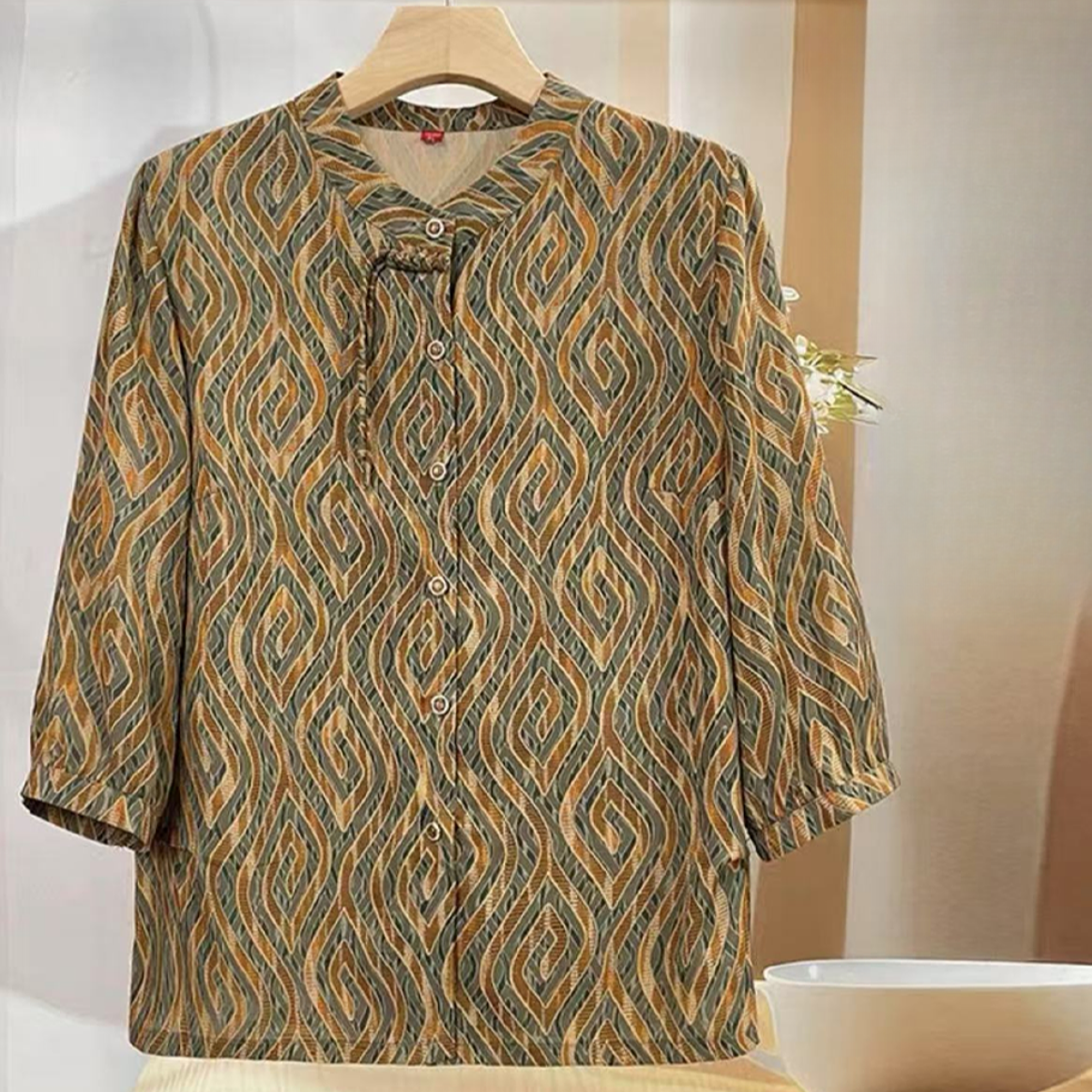 2520-2【绿色格纹】常规中袖条纹时尚大码夏季宽松薄款中老年女装