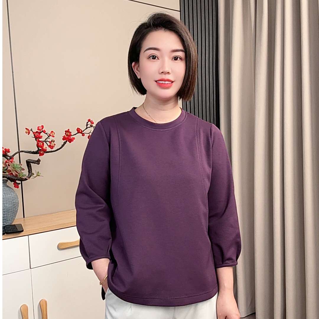 简约纯色七分袖圆领小衫早秋新款时尚中年妈妈装显瘦开叉T恤长袖