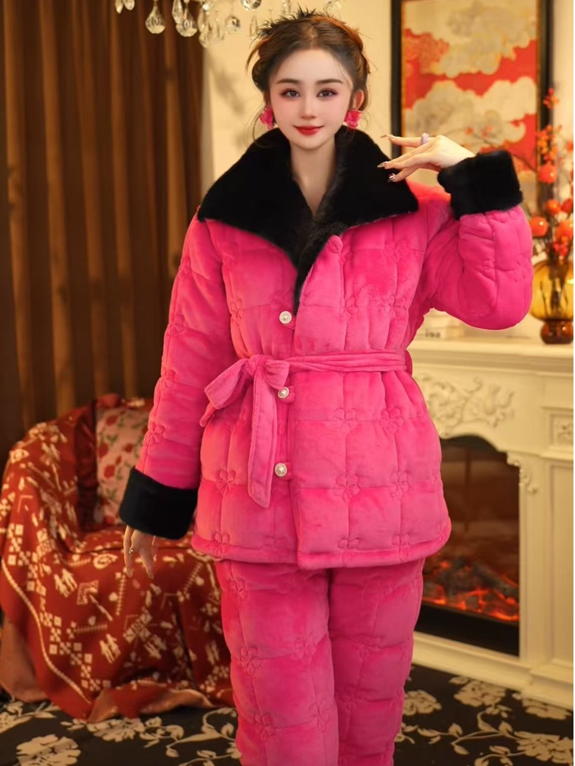 【玫瑰故事】2024冬季新款设计师网红时尚保暖加厚可外穿家居服