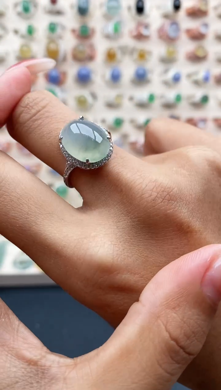 【闪购商品】翡翠戒指银S925镶嵌缅甸天然A货翡翠222 10+9