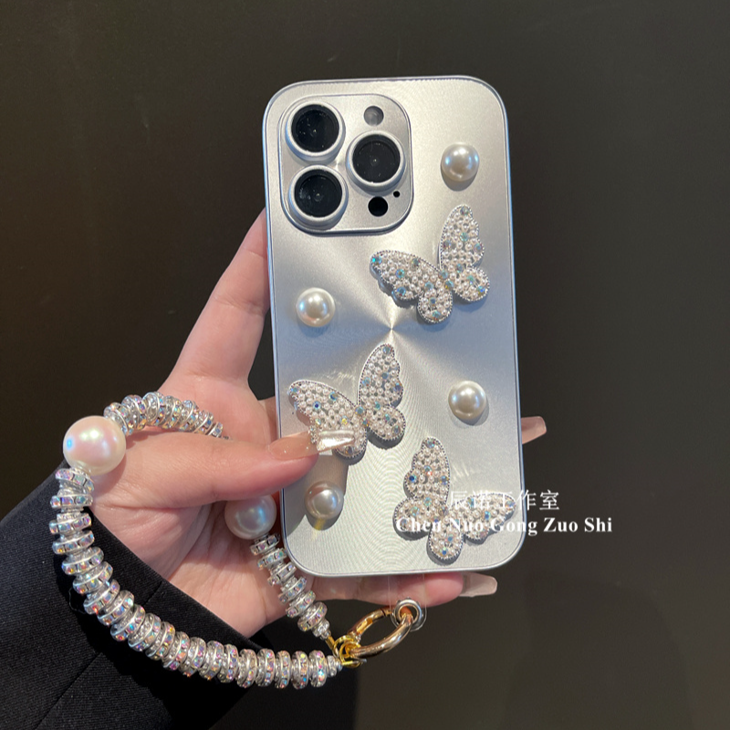 适用苹果/华为荣耀oppo/vivo小米手机壳16珍珠闪钻蝴蝶手链防摔女