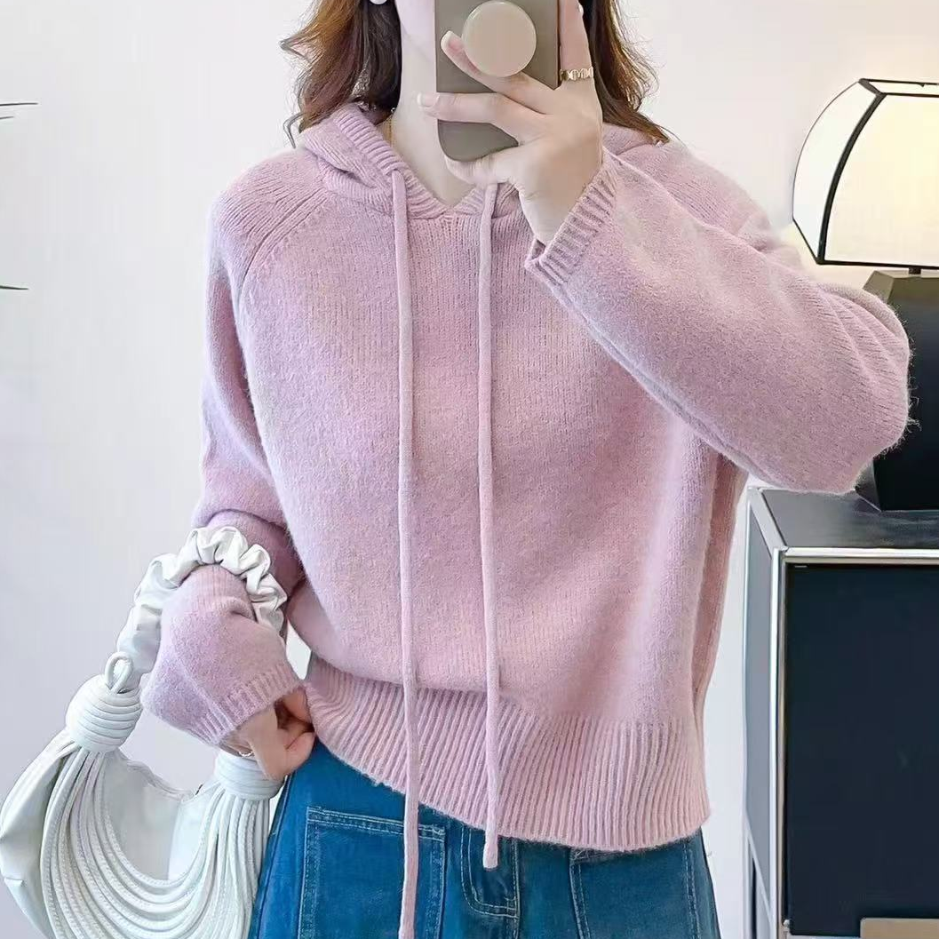 760#新款休闲百搭针织衫连帽宽松长袖女士上衣184