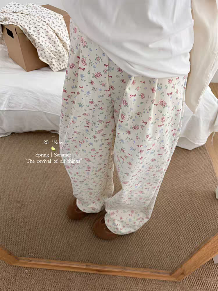 FY春夏新款韩系复古浪漫碎花爱心宽松百搭休闲裤  