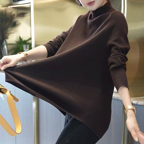 【松弛感】秋冬季咖色宽松气质显瘦半高领上衣百搭显瘦中长款打底衫商品图