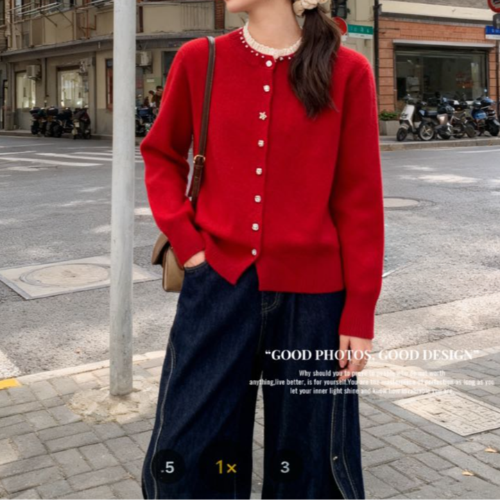 【苗姐衣橱】年款~重工钉珠蕾丝圆领100%羊毛开衫38985