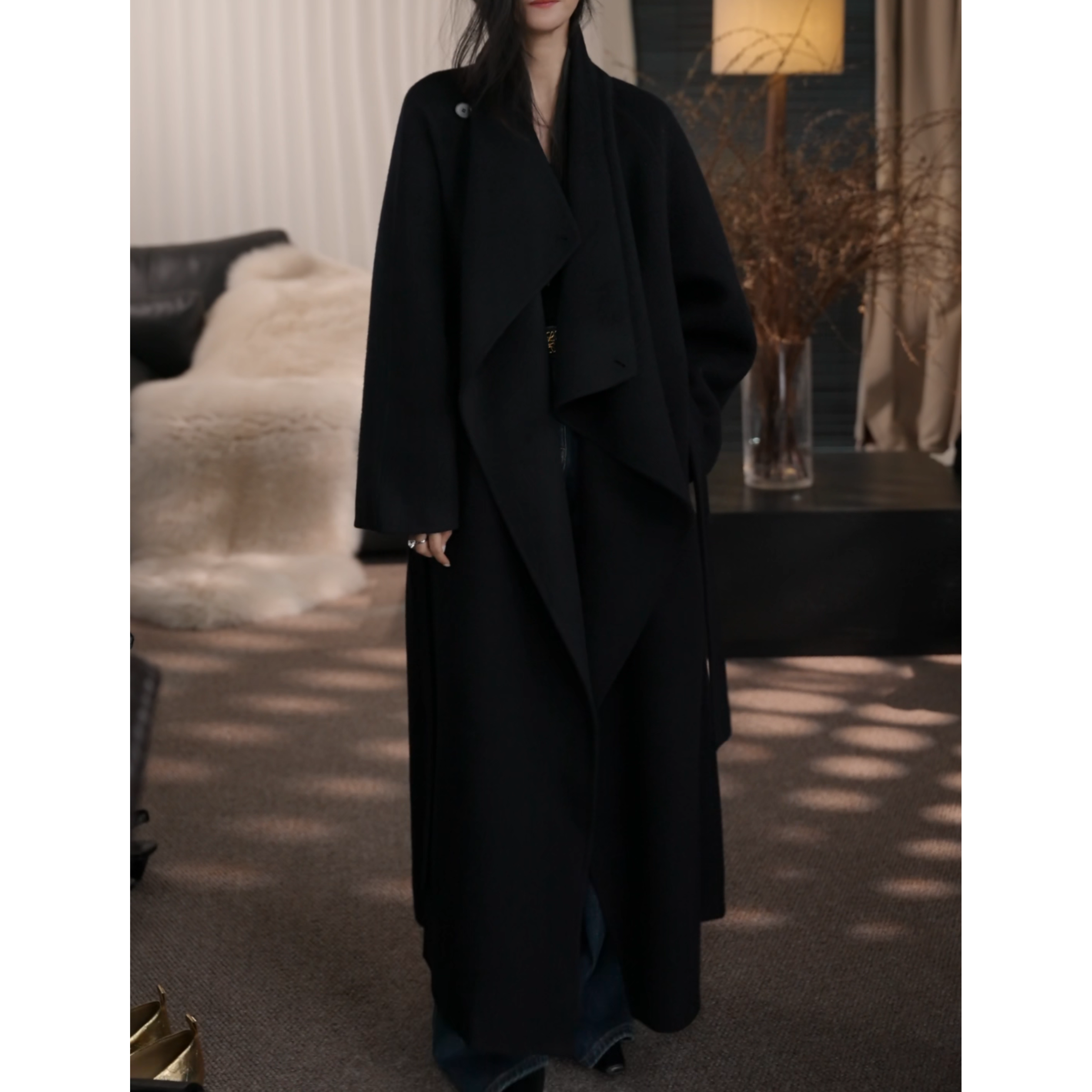 卢尚法国走秀藏青色一粒扣设计款大衣400208-1