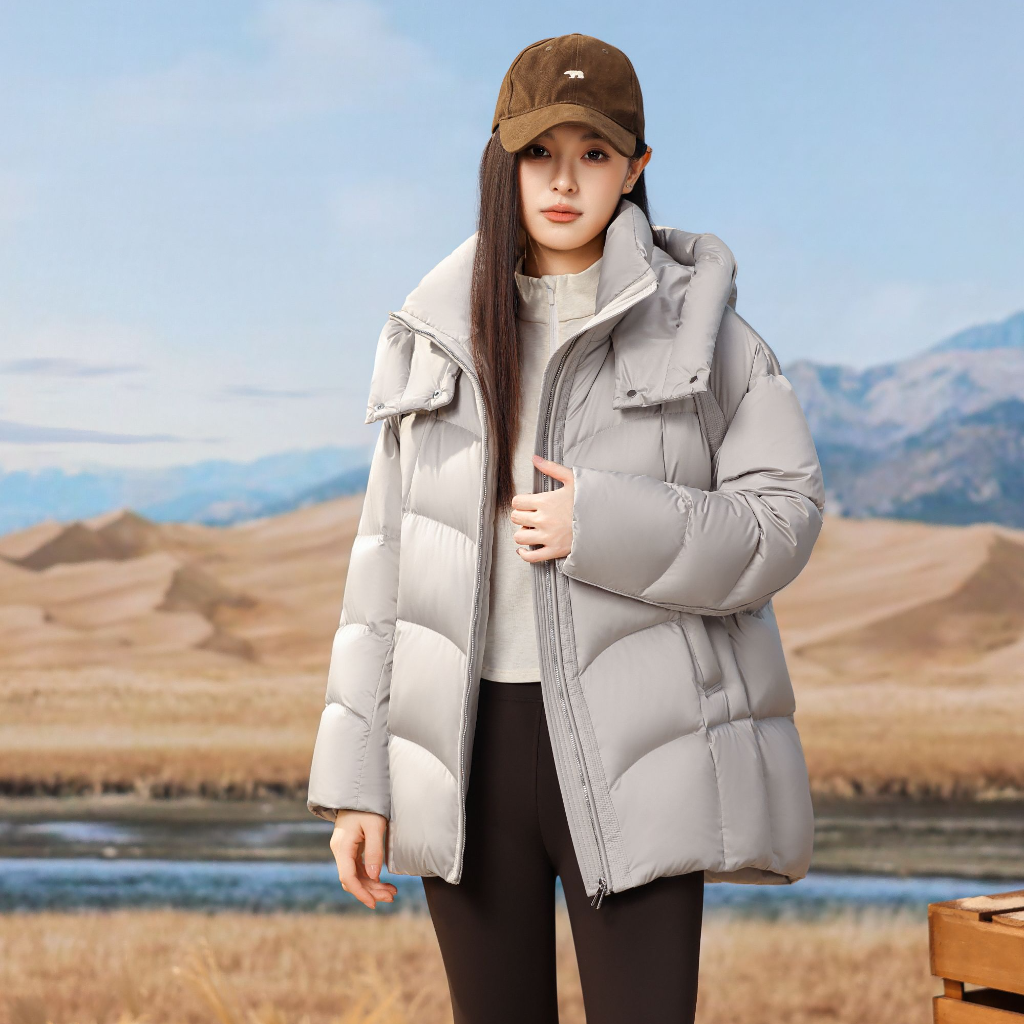 寻拓者“珠光锻面”2025新款高蓬90白鹅绒时尚保暖百搭羽绒服6865