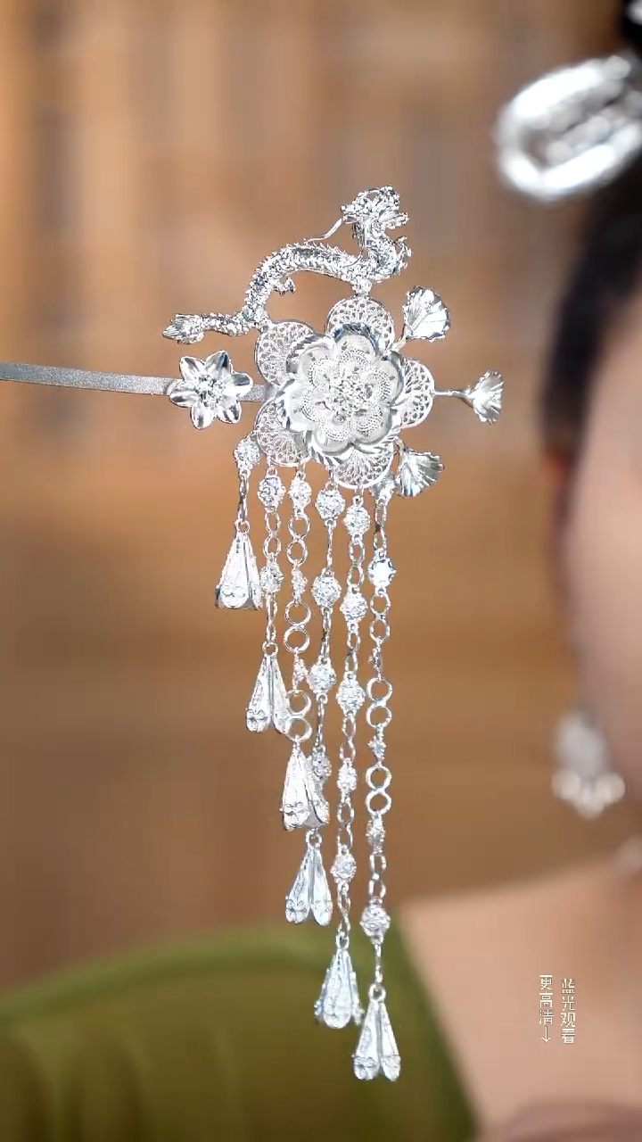 珐琅足银大牡丹花龙发簪58.*9