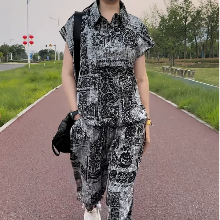 复古港风中年妈妈两件套2025夏季新款高档气质休闲款色时尚套装女