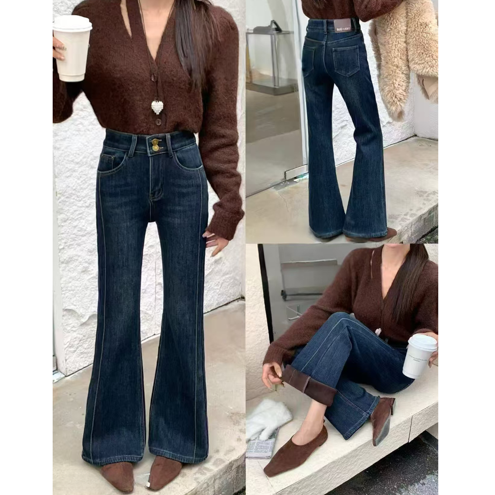 【锦衣服饰】XJ 5971韩系时尚奥粒密密绒牛仔喇叭裤