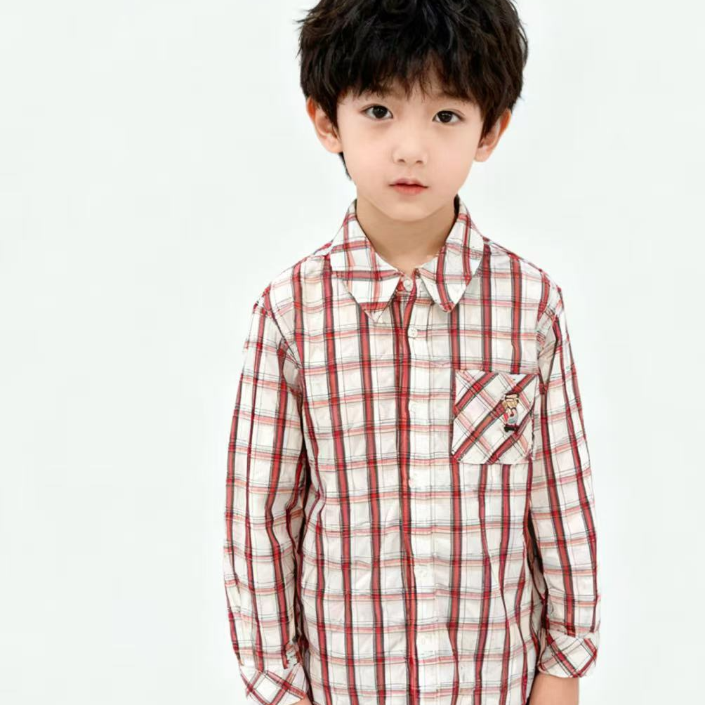 小熊红色格子衬衫