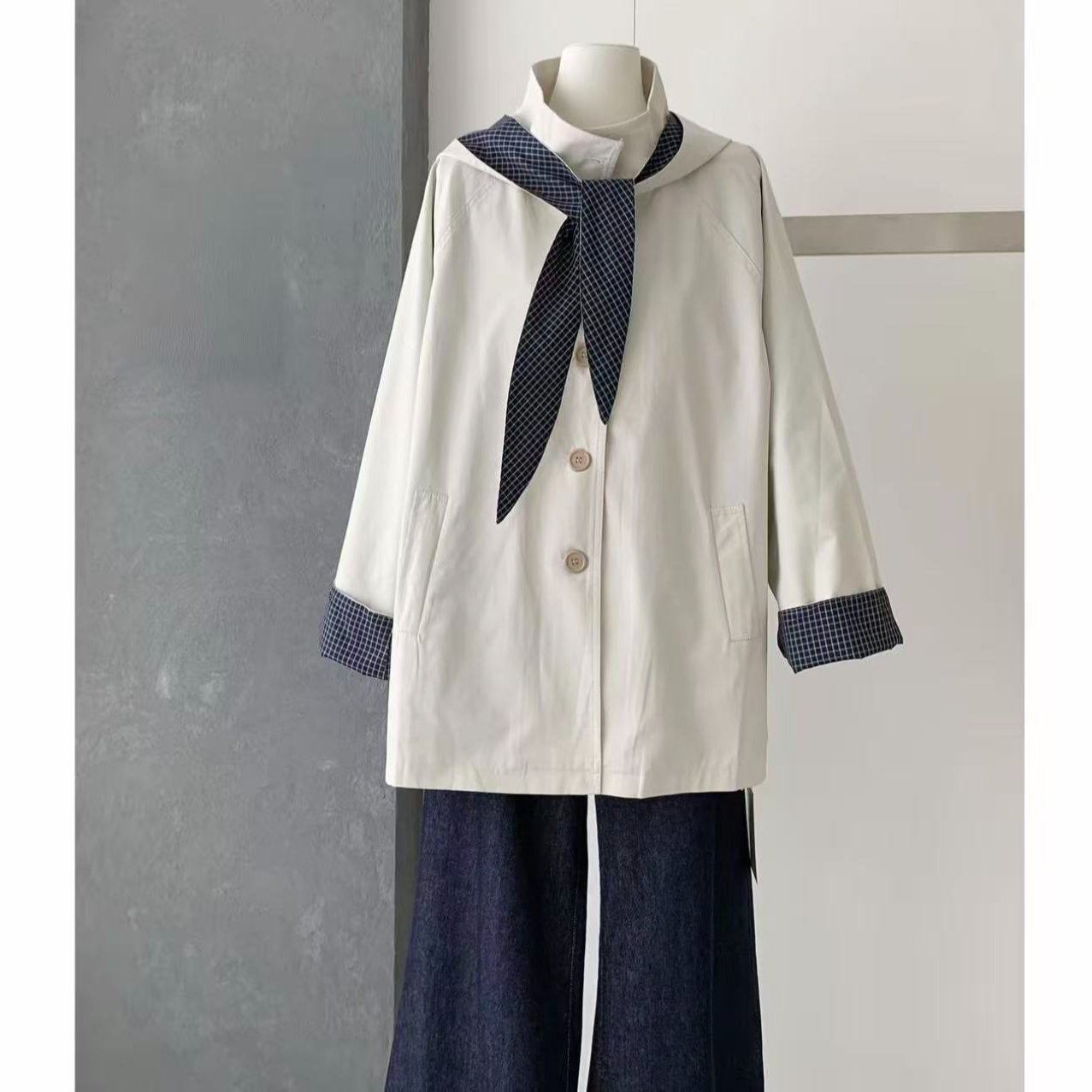 法夏尔严选休闲风连帽风衣时尚格子百搭8808